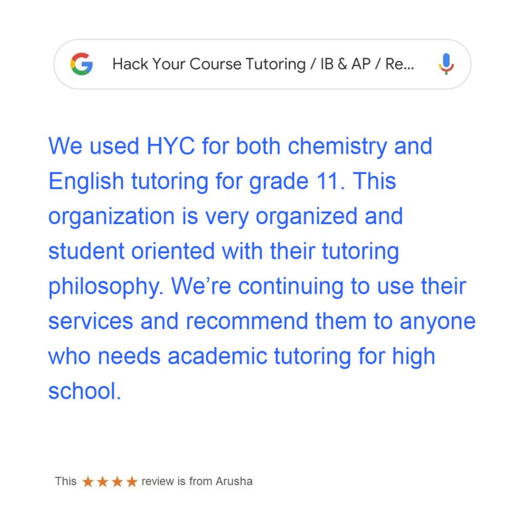 testimonial from arusha for chemistry tutoring & English tutoringin Hack your course and West Vancouver